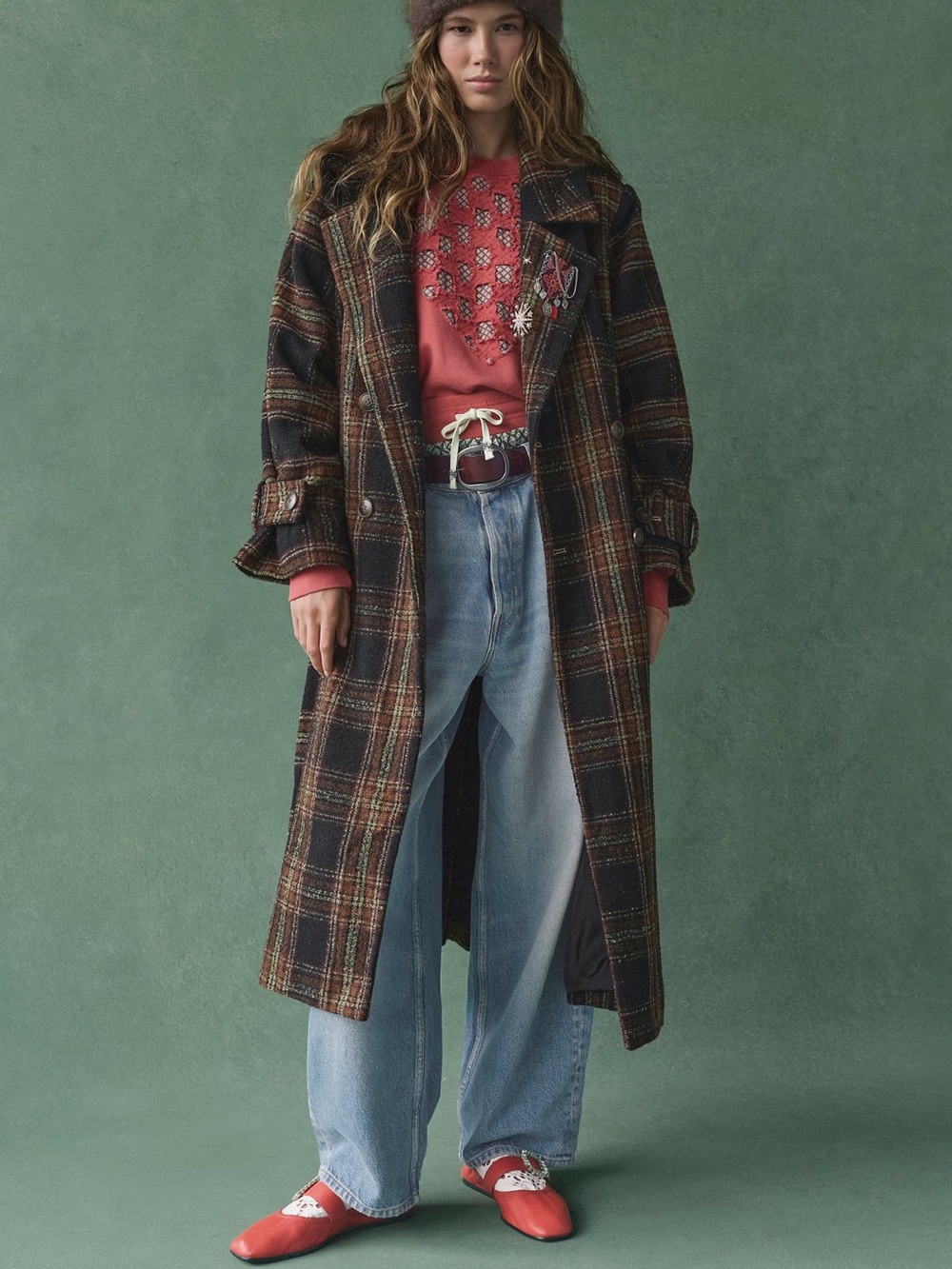 NWT We The Free Long Time Oversized Trench in Brown Plaid Size M